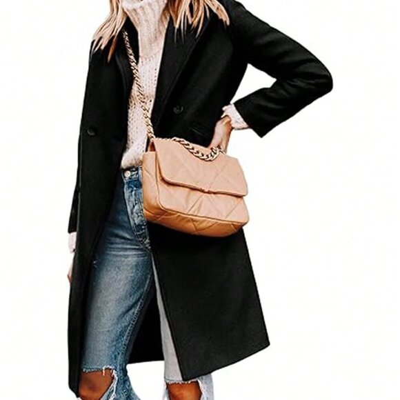 Black Casual Women's Coat Double Breasted Blend Mid-Long Pea Coat - Picture 3 of 3